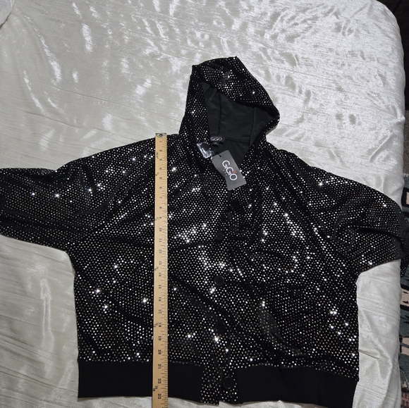 Black Sequin Button-Up Hoodie By Gogio NWT size L - Picture 6 of 7